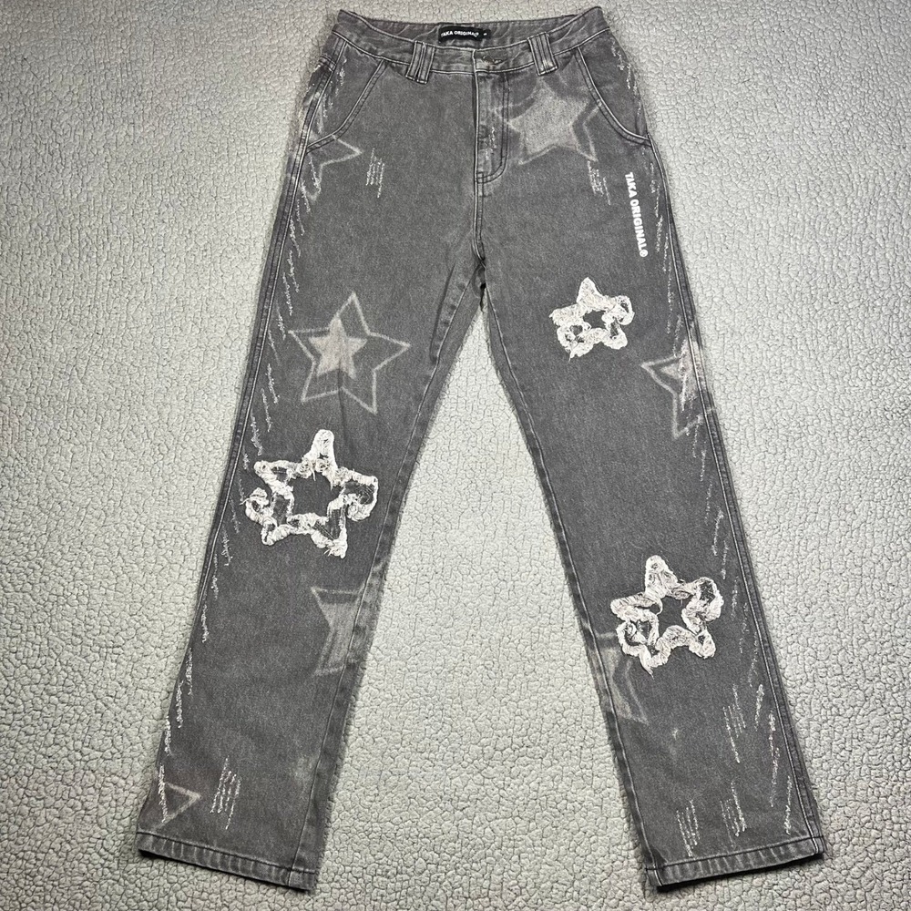 Taka Original Washed Black Star Print Distressed Denim Jeans Mens Small Y2K